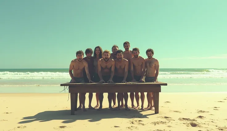 very scared people are standing on a table on the beach