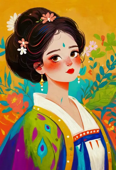 Woman in a painting，Ethnic costumes，Digital illustration style, Digital Cartoon Art, cartoon style illustration, Solid color background