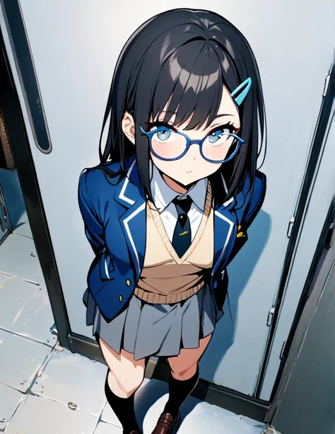 1 girl, black hair, hair clip, glasses, school uniform, blue colored blazer, sweater vest, black necktie, gray skirt, long socks, shoes, looking at viewers, standing