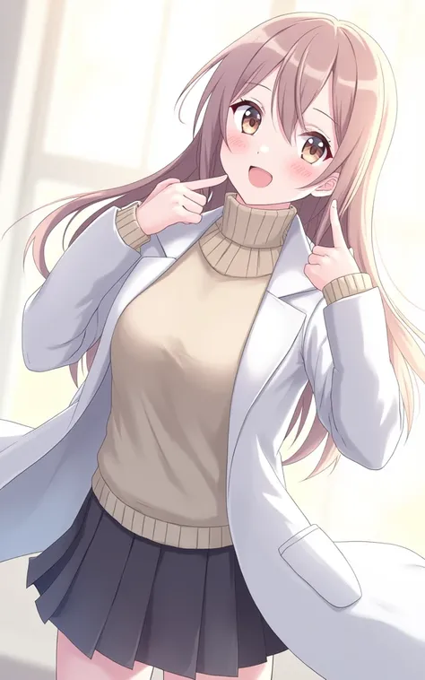 anime girl with brown hair and a sweater with labcoat and black skirt, (hair swept bangs:1.3), (long brown hair:1.3), doctor girl, anime style, from girls frontline, fine details. girls frontline, girls frontline universe, girls frontline style, girls fron...