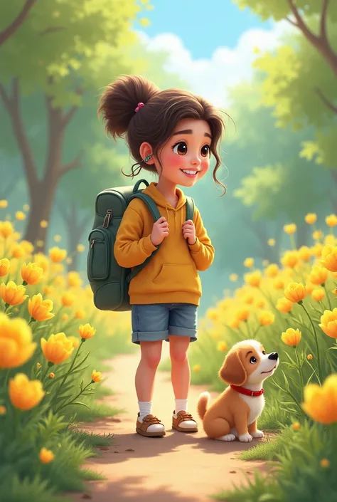 A very charming，Carrying a backpack，And her cute puppy (hoarse) Enjoy a beautiful spring outing，Surrounded by beautiful yellow flowers and nature. 4K resolution, HD, illustration, Very detailed, Facial features, Cartoon, Visual effect.  