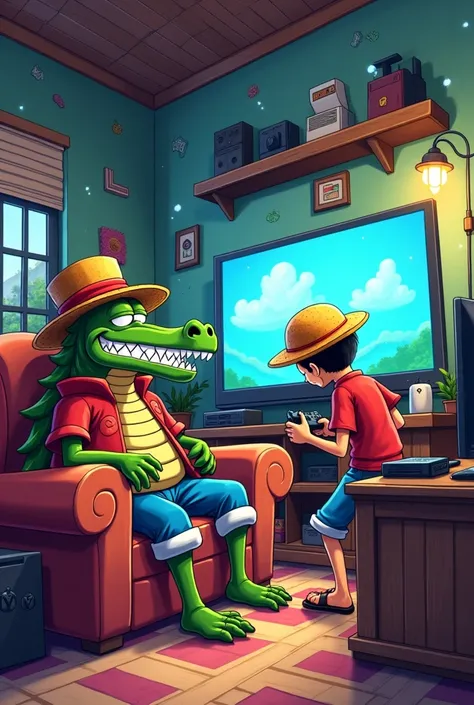 (Anime, Cartoonish) Sir Crocodile enjoying a video game with Monkey D. Luffy