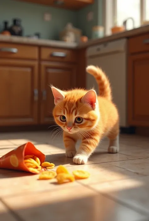 An orange baby cat stealthily sneaks across the kitchen counter, eyeing an open bag of chips.