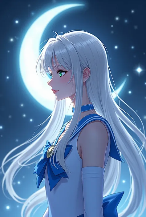 Make an image in the Sailor Moon universe of a sailor with long platinum hair, green eyes, clothes with blue details and the moon kissing the character Seiya Ako from Sailor Moon.