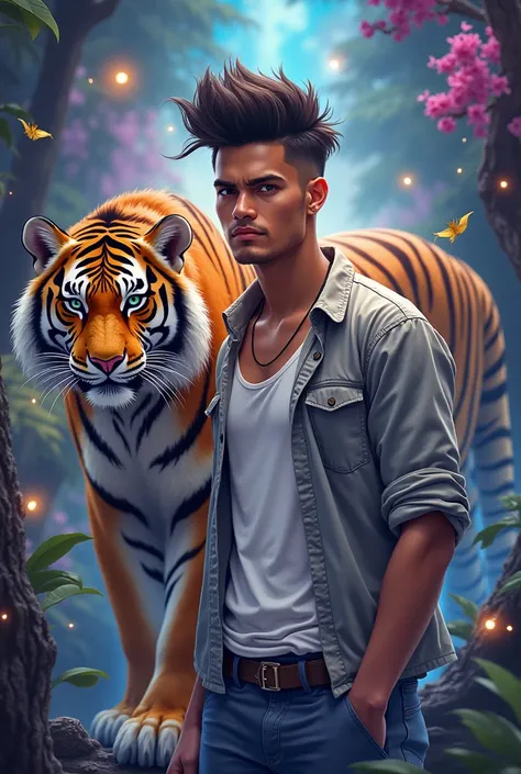 a young man aged 30 from Indonesia with light skin, short mohak hair, wearing a shirt, with a tiger, Nijis vision, high quality