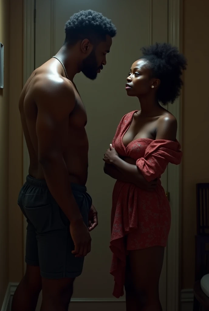 An image of Adamu standing wearing only short with in the dimly lit room, his oversized manhood protruding through the shot. Ngozis mouth agape, clutching her wrapper around her body, she run as her breath coming in short, panicked gasps.