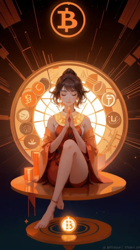 create a detailed illustration of a person in a lotus position, meditating with calm focus. The individual is immersed in a financial environment, surrounded by glowing symbols of cryptocurrencies, with Bitcoin prominently featured. The hands are resting o...