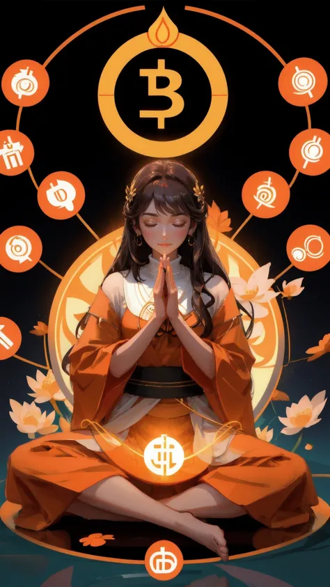 create a detailed illustration of a person in a lotus position, meditating with calm focus. The individual is immersed in a financial environment, surrounded by glowing symbols of cryptocurrencies, with Bitcoin prominently featured. The hands are resting o...