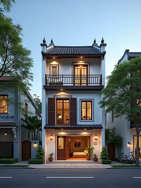 Rendre une largeur de 4 mètres, 3 étages Indochine-style small townhouse situated in an milieu urbain. La maison de ville présente une élégante façade blanche avec des éléments architecturaux traditionnels indochinois, including fenêtres cintrées, Volets e...