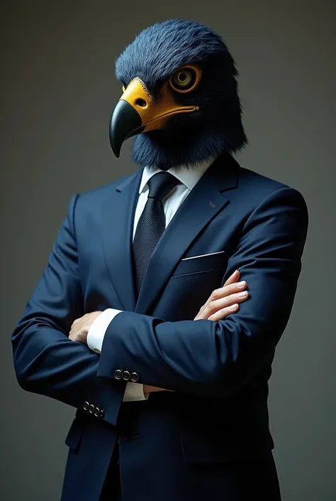 Gentleman wearing a hawk mask，Navy Suit，Arms crossed