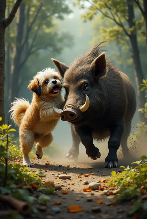 Shitzu dog hunting a wild boar