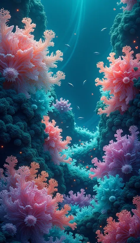 Picture an abstract, undersea scene where a coral reef is depicted using intricate fractal patterns. The coral structures are composed of swirling, geometric shapes in vivid colors—turquoise, coral pink, and seafoam green—against a deep, navy blue backgrou...