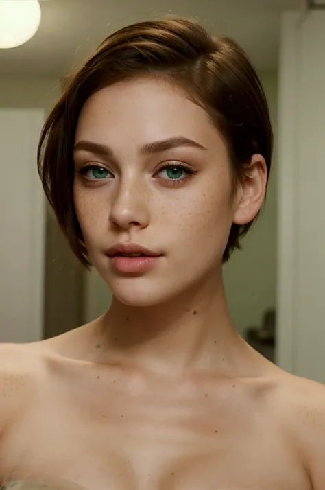 BEAUTIFUL VERY SEXY WITH SHORT HAIR, FULL LIPS AND LIGHT FRECKLES and green eyes