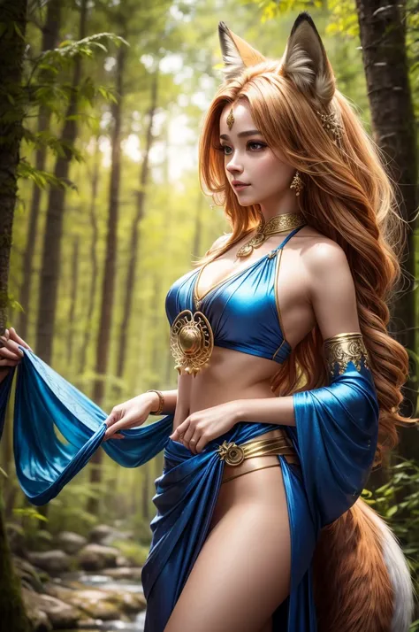 The Fox Godess, Beautyful, Silk Top,Clouds,Fox Tail, Loincloth, Golden Blue Metal Top, Forest,( bokeh )