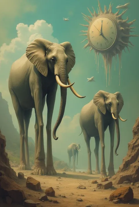 In the style of Salvador Dali、Elephants with extremely long legs