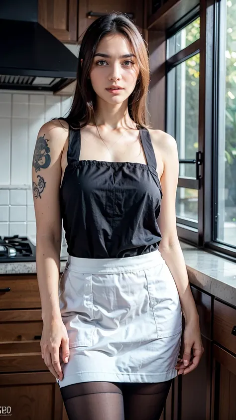 a woman with various tattoos and blonde hair, solo, hips up, detailed face, standing in her kitchen, wearing only an apron, soft...