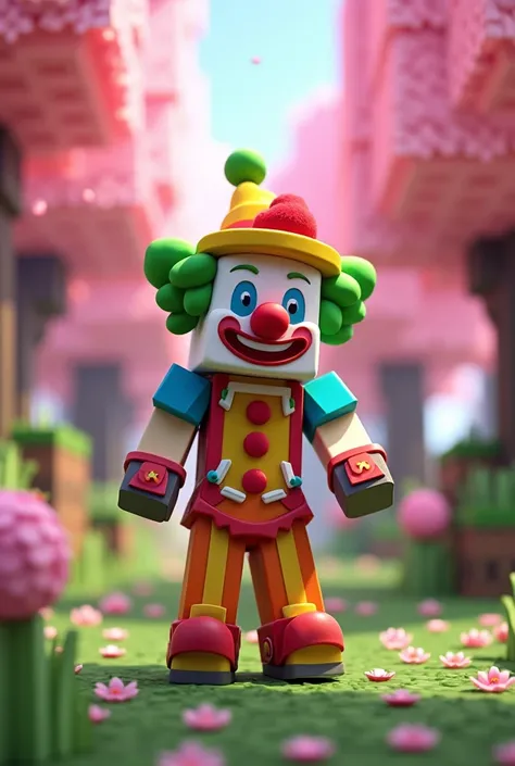 A Minecraft thumbnail in a Sakura biome with a clown as the person