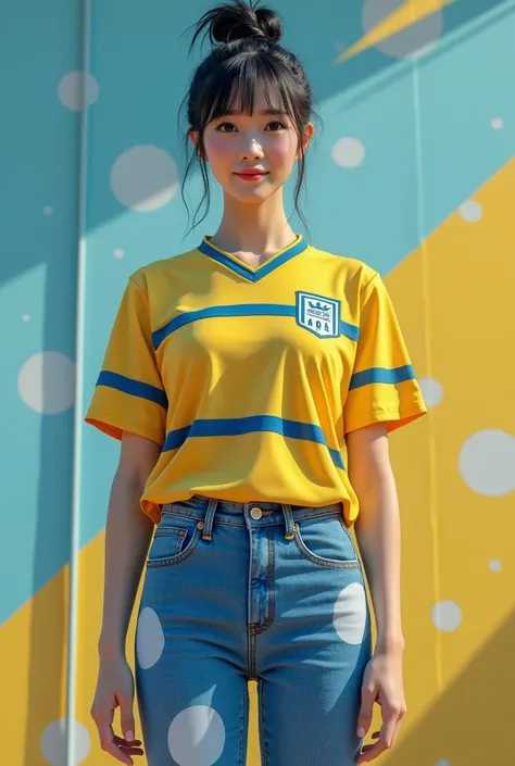 An Asian high grade female student with a short black bun wears a yellow and blue striped sports uniform and blue jean with big chess and big ass 