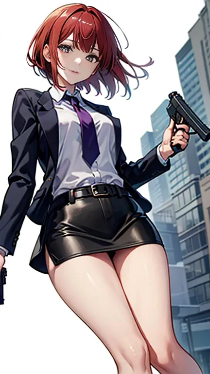 Highest quality、Ultra HD、One Woman、(Red hair short bob 1.3)、(Purple blazer 1.3)、(Black tie)、(shirt)、(Black leather shoes 1.1)、((Black mini tight skirt))、((Thigh 1.2))、((1 with a gun in each hand.5))、Stylish、(Beautiful face with sharp eyes 1.2)、(Leather bel...