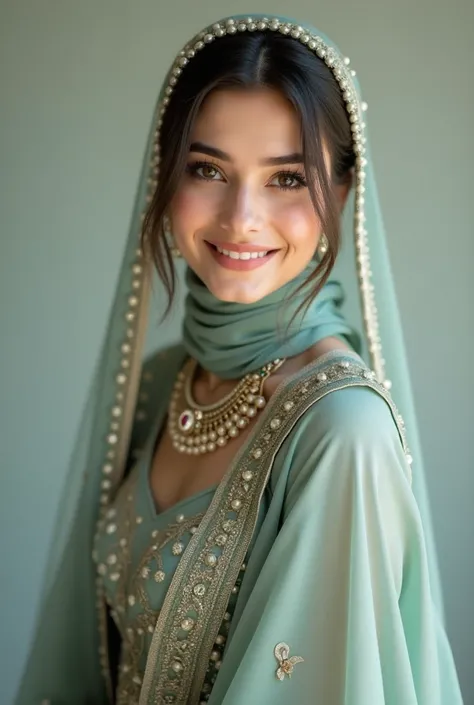 A pakistani girl having doe eyes and rabbit smile cute features  round face wearing hijab on head and covering chest with hujab and also a fancy sage georgette duppatta having pearls on edges of duppata and that duppata is on head along with hijab and dres...