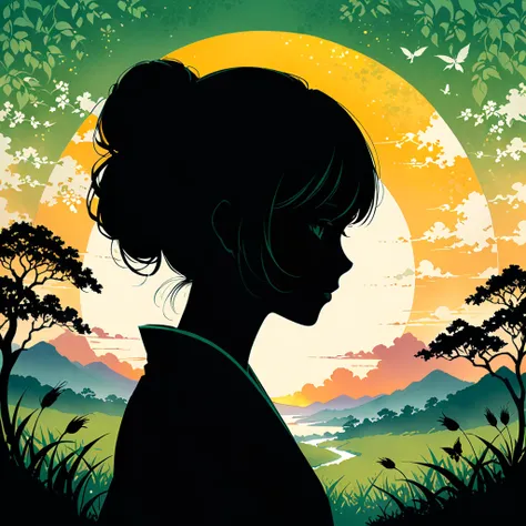 (Silhouette Art,Crop:1.6) (((Paper cutting art,A world where only black exists:1.3) (Cowboy Shot),1 person,alone, (Kimono Girl,profile:1.2),white, Clear and beautiful face,Sunrise after break (Morning Glow、viola　Green Grass:1.1) Textured glass background,