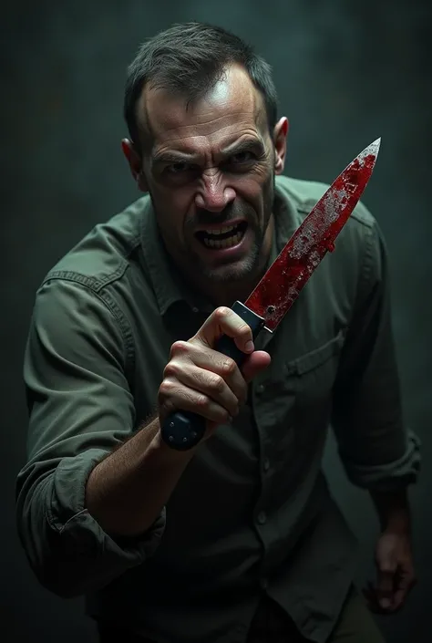 A man holding a knife, covered in blood.