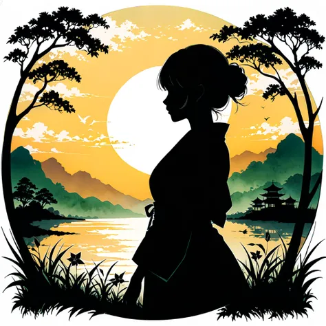 (Silhouette Art,Crop:1.6) (((Paper cutting art,A world where only black exists:1.3) (Cowboy Shot),1 person,alone, (Kimono Girl,profile:1.2),white, Clear and beautiful face,Sunrise after break (Morning Glow、viola　Green Grass:1.1) Textured glass background,