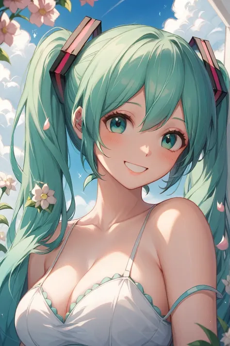 One beautiful girl、Hatsune Miku、Virtual Singer、Appeal your whole body、Taking Action、/She is work in the garden /Green Eyes、long green hair、Hydroponic cultivation、Shining with a smile in the countryside、Flowers with a watering can々Water the、laugh、Take care ...