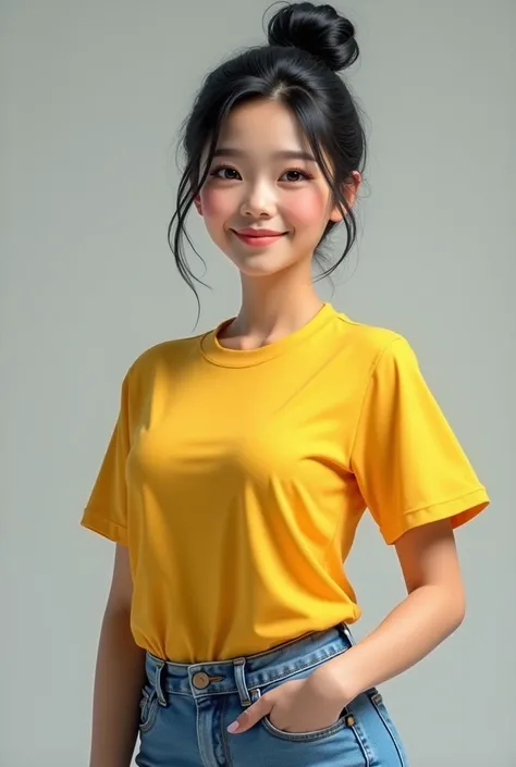 An beautiful Asian high grade female student with a short black bun wears a yellow sports uniform T shirt and blue jean with big chess and big ass 