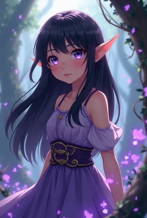 Dnd, female half elf, tan skin, child, purple eyes, long black hair, anime