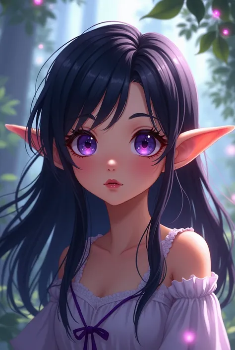 Dnd, female half elf, tan skin, child, purple eyes, long black hair, anime