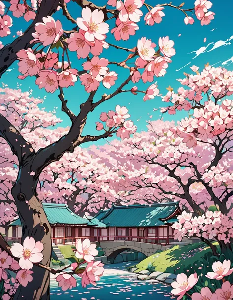 Beautiful book Cover art style art. Pink cherry blossoms aesthetic. Royalty style. 