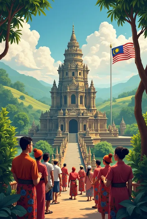 a poster about Malaysia view, historical place in Malaysia with citizens and Malaysia flag 