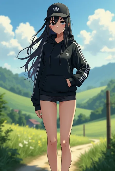 sexy tall anime girl, long black hair, black eyes, barefoot, wear black adidas cap, wear black adidas hood, wear black adidas hot pants, background is countryside