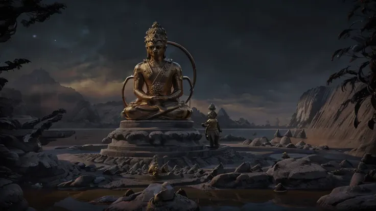 the huge stone buddha statue, which is made of water and is emitting golden light, is staring at the very tiny black myth monkey...