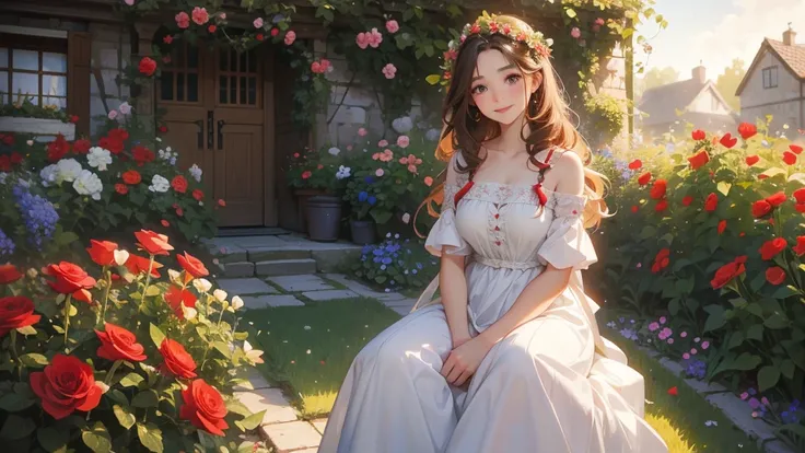 Beautiful peasant gardener, growing red roses; Wearing a beautiful dress from the 1800s, Your hair is curly; Your skin is white; His cheeks are flushed, has a beautiful spontaneous smile on his face; Her hair is light brown; in the scene there is a beautif...