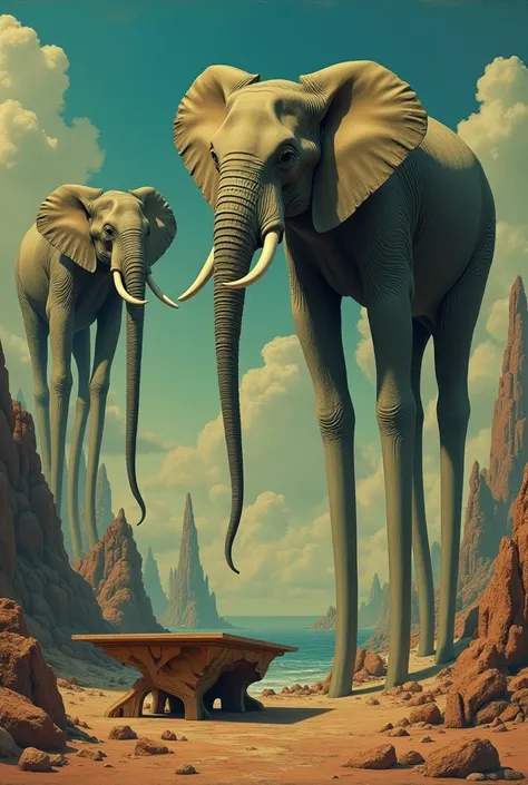 In the style of Salvador Dali、Elephants with extremely long legs、At the foot of the chair is a strangely shaped desk.