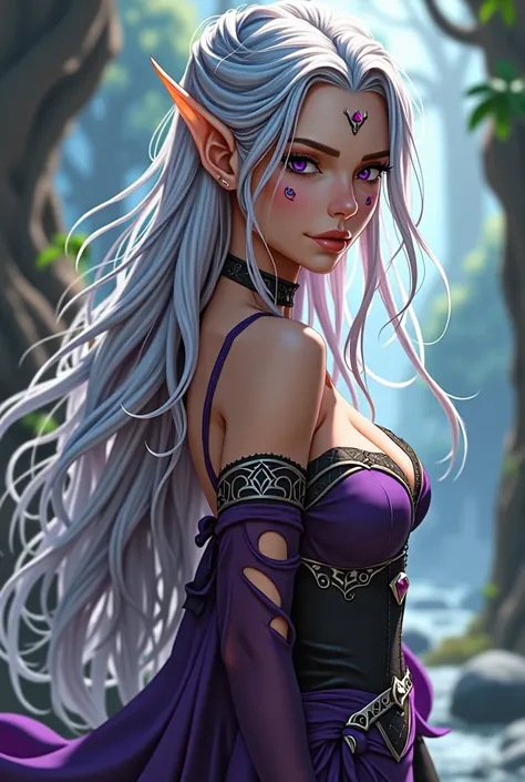 Dnd, female half elf, tan skin, adult, purple eyes, long silver hair , anime