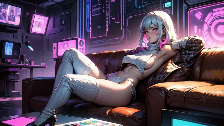 cute woman, tech wear, sitting in old-school sofa, retro plaid sofa, 70's atmoshphere, neon technologic outfit, glowing effects,...