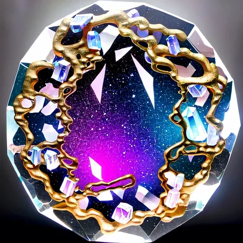  full pic of a stunning, gem-like stone with intricate, web-like patterns swirling inside its crystal-clear surface. The stone is primarily a pale, iridescent color, reflecting shades of pink, gold, and white when light hits it. 