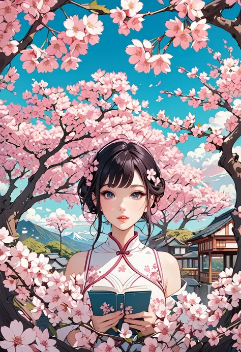 Beautiful book Cover style art. Pink cherry blossoms aesthetic. 