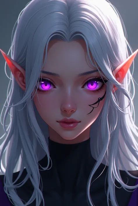 Female half elf, dark skin, adult, purple eyes, long silver hair , anime, scars