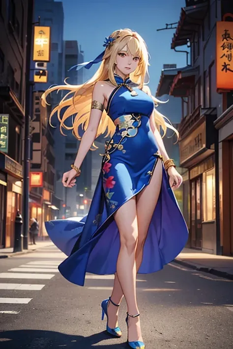 Highest quality,high resolution,comics,(Cel animation style),A woman is standing alone,30 year old Asian female,(Long blonde hair),((Blue Chinese Dress)),((Blue heels)),((1 holding a gun.6)),(Hibiscus hair accessory),(Beautiful face with slits 1.3)，(gold b...