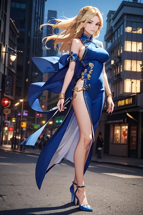 Highest quality,high resolution,comics,(Cel animation style),A woman is standing alone,30 year old Asian female,(Long blonde hair),((Blue Chinese Dress)),((Blue heels)),((1 holding a gun.6)),(Hibiscus hair accessory),(Beautiful face with slits 1.3)，(gold b...