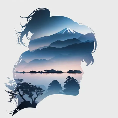 Silhouette of a girl, Lots of Japanese scenery , modern japanese landscape, close, Double exposure, White Background