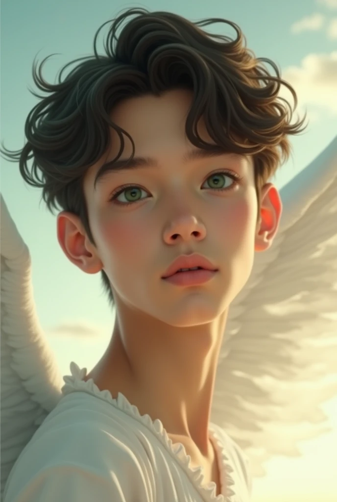 Young man with brown light skin, green eyes and an angelic face 