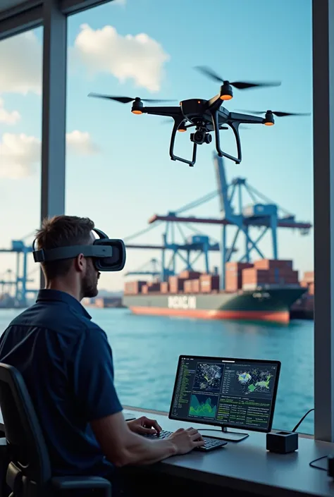 A photo of a drone with a camera flying up a vessel. Beside the drone, the vessel is transferring data from a sensor to a command center at a seaport. In the bottom of the picture, the command center has a large monitor and a supervisor is using VR technol...