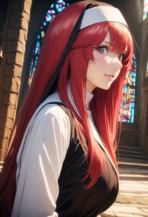 (Highest quality、4K、8k、High resolution、masterpiece:1.2)、Very detailed、Picturesque、Animated Photography、Photo Animation:1.37)、large breast、Japanese women、red hair、long hair、stars ornament、Nakano May、looking at viewer, side angle, close up, kneeling, nun, an...