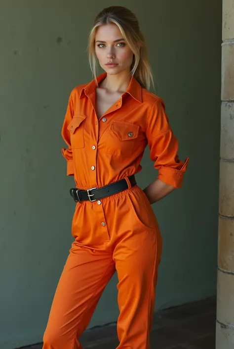 Frontal photograph of a beautiful young model with long a blonde medium length pulled back ponytail hair wearing a sexy synthetic orange prisoner jumpsuit, inmate jumpsuit, button-up, sexy view, handcuffed, hands cuffed to her back, wearing a tight black s...