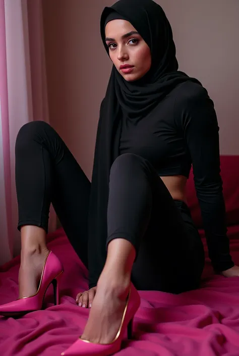 Real, Niqab girl, crop top und leggings, pink high heels, sitting like a cat sexy pose